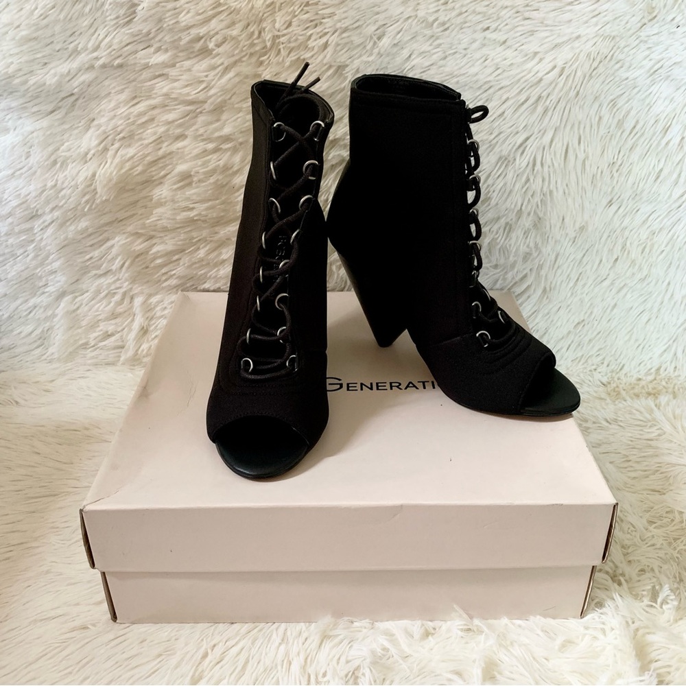 BCBGeneration Black Alicia Open Toe Cone Heels Lace Up Boots Women US 6.5 B